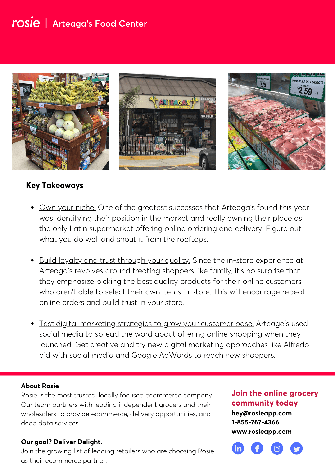 Page 2 with key takeaways for Arteaga's Food Center case study