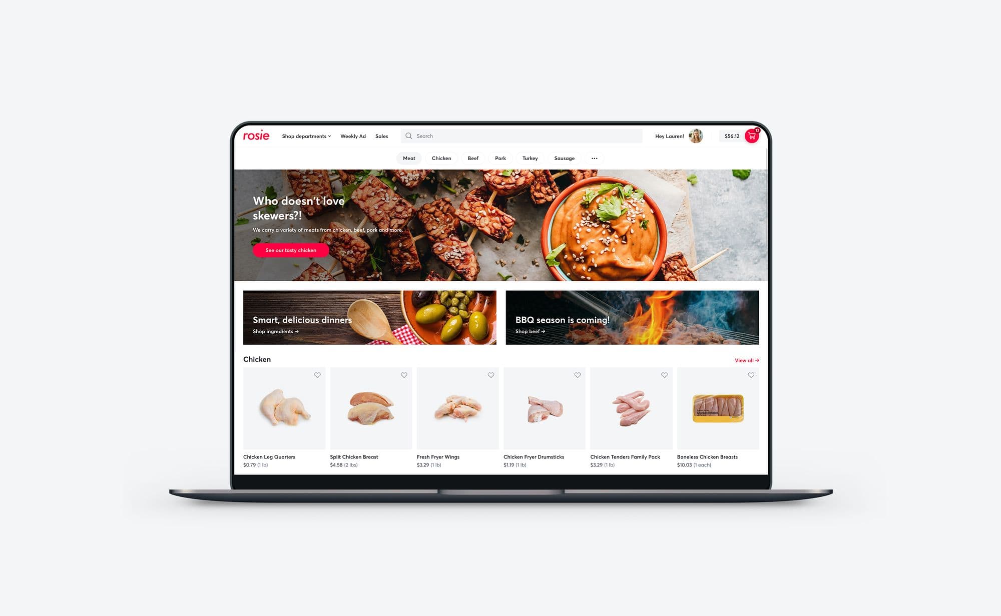 Rosie ecommerce site with sample Cater offering (meat skewers)
