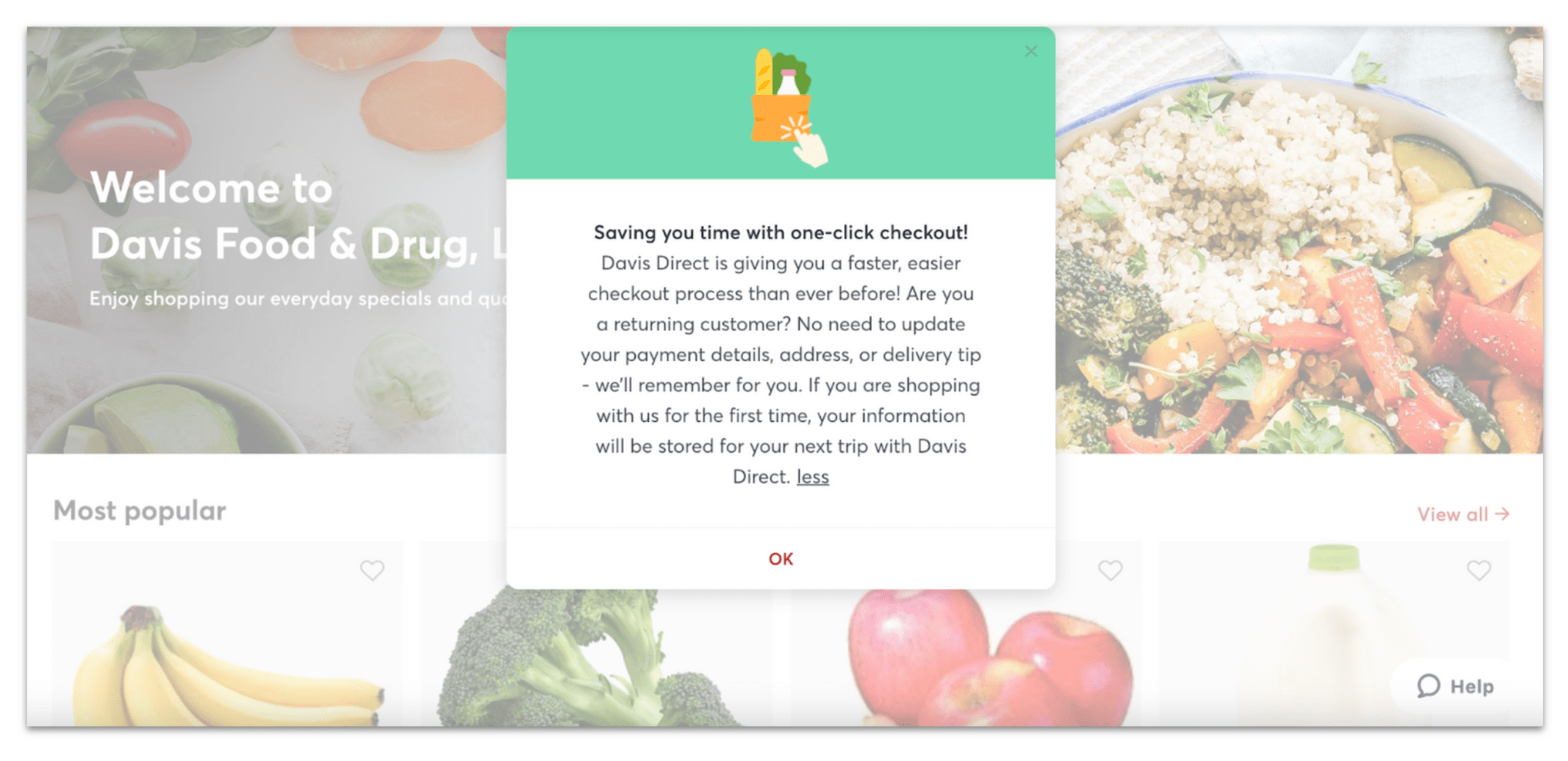 Image of announcement panel explaining Rosie's one click checkout on Davis Food & Drug's ecommerce site