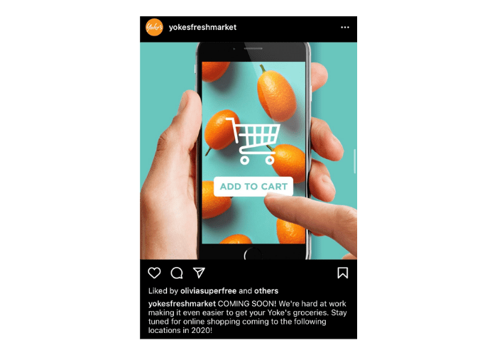 Image of Yokes Fresh Market's Instagram post with oranges on a phone