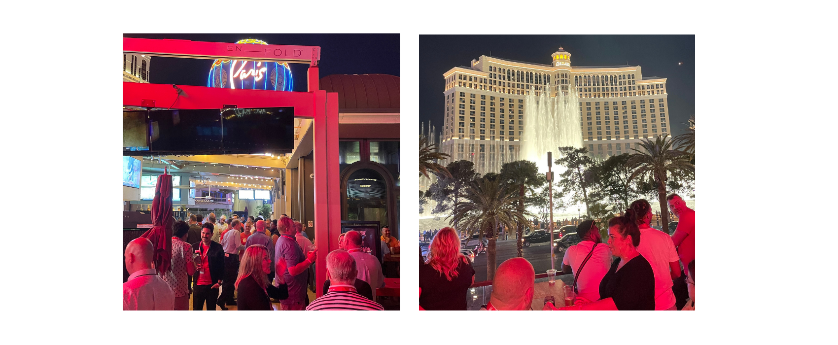 Two images showing scenes from the Rosie rooftop "Hoppy Hour" at Beer Park in Las Vegas across from the Bellagio Fountains